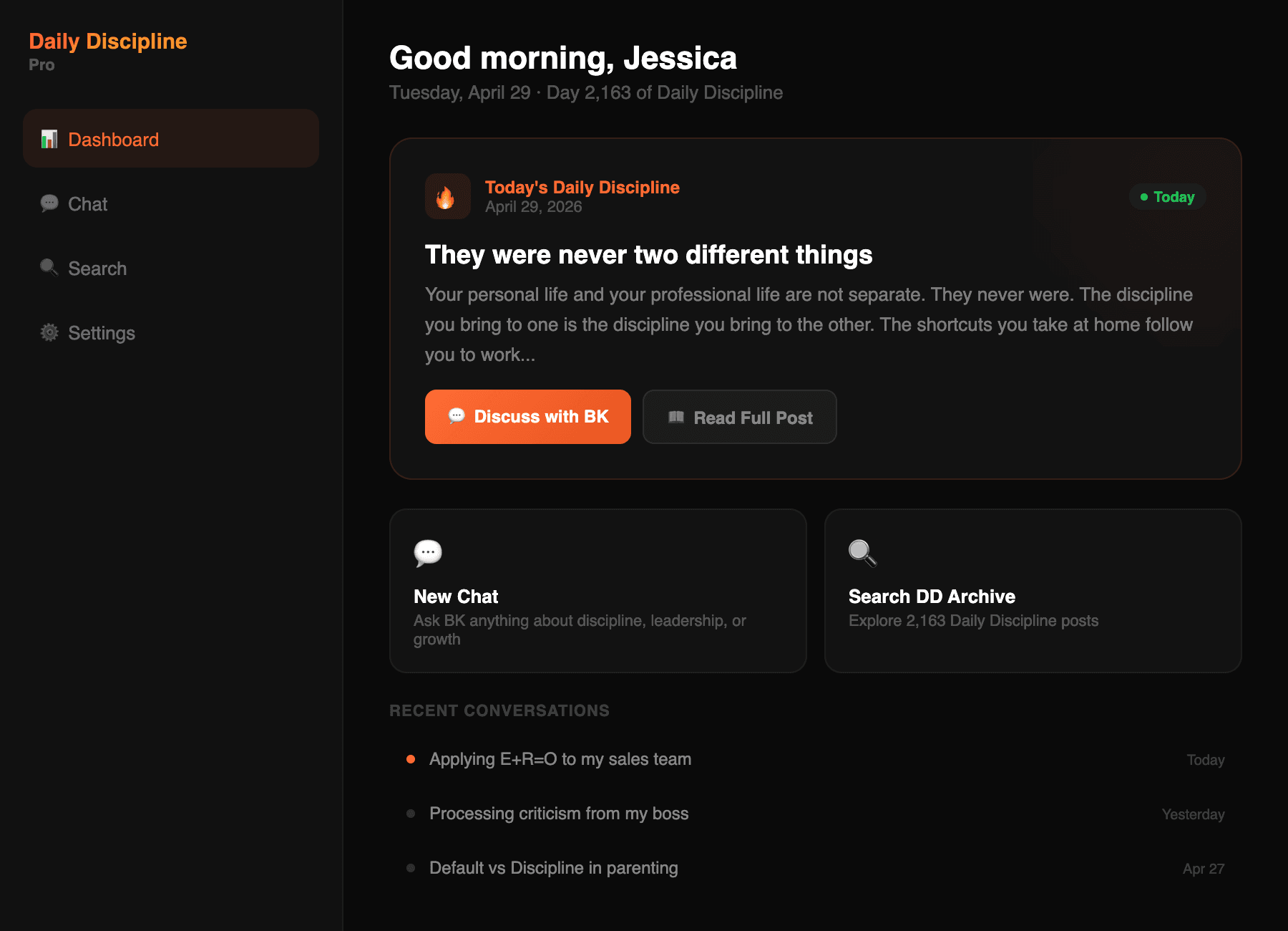 Daily Discipline Library dashboard — today's post and conversation