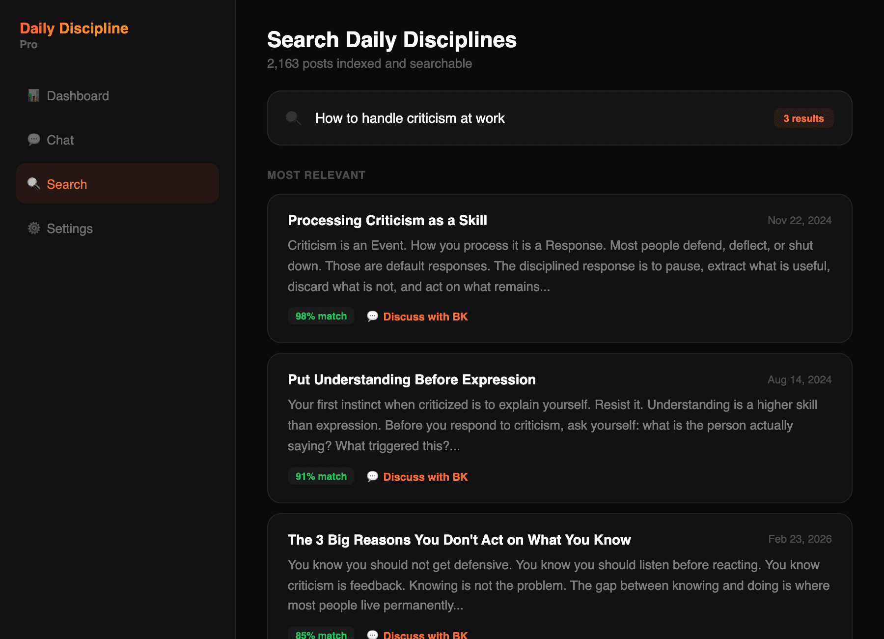 Daily Discipline Search — searching 2,000+ lessons